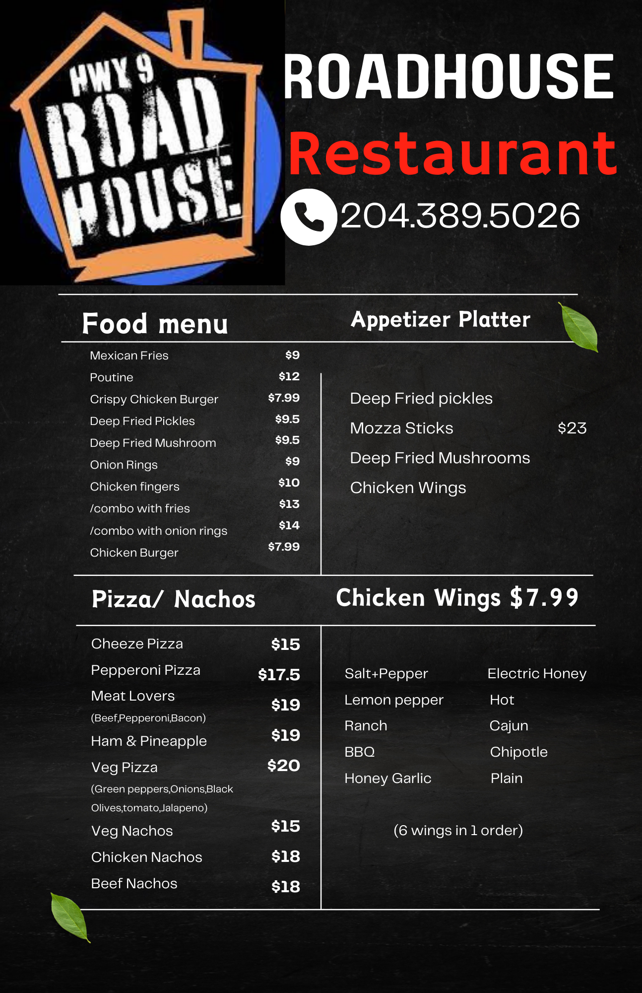 Hwy 9 Roadhouse - Food menu
