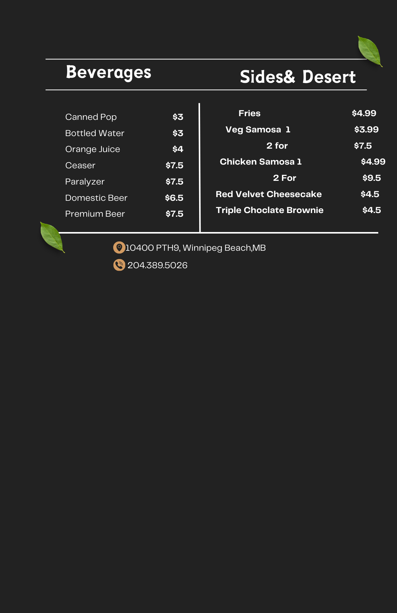 Hwy 9 Roadhouse - Food menu